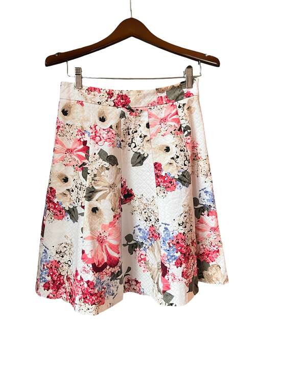White House Black Market Vibrant White and Pink Floral Textured Pleated A-Line M - Picture 2 of 5